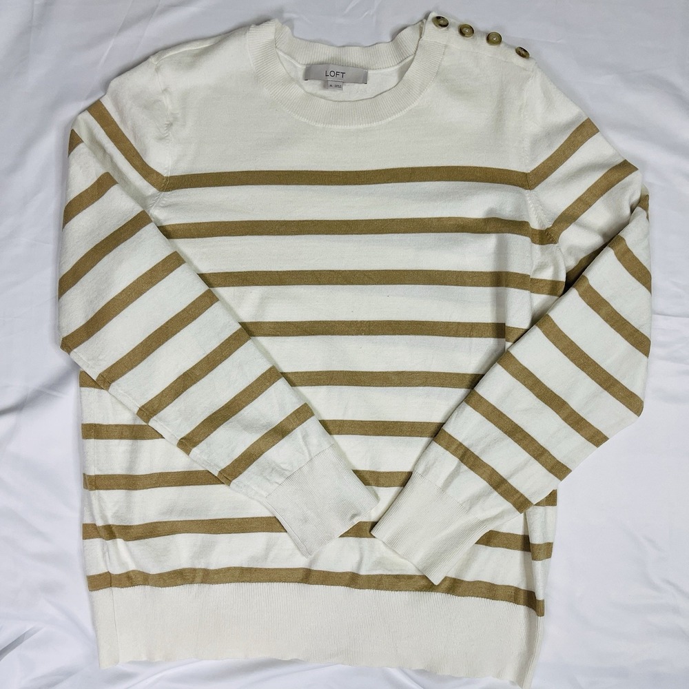 LOFT Womens XL Striped Crew Neck Sweater Cream Tan Shoulder Button Knit Top